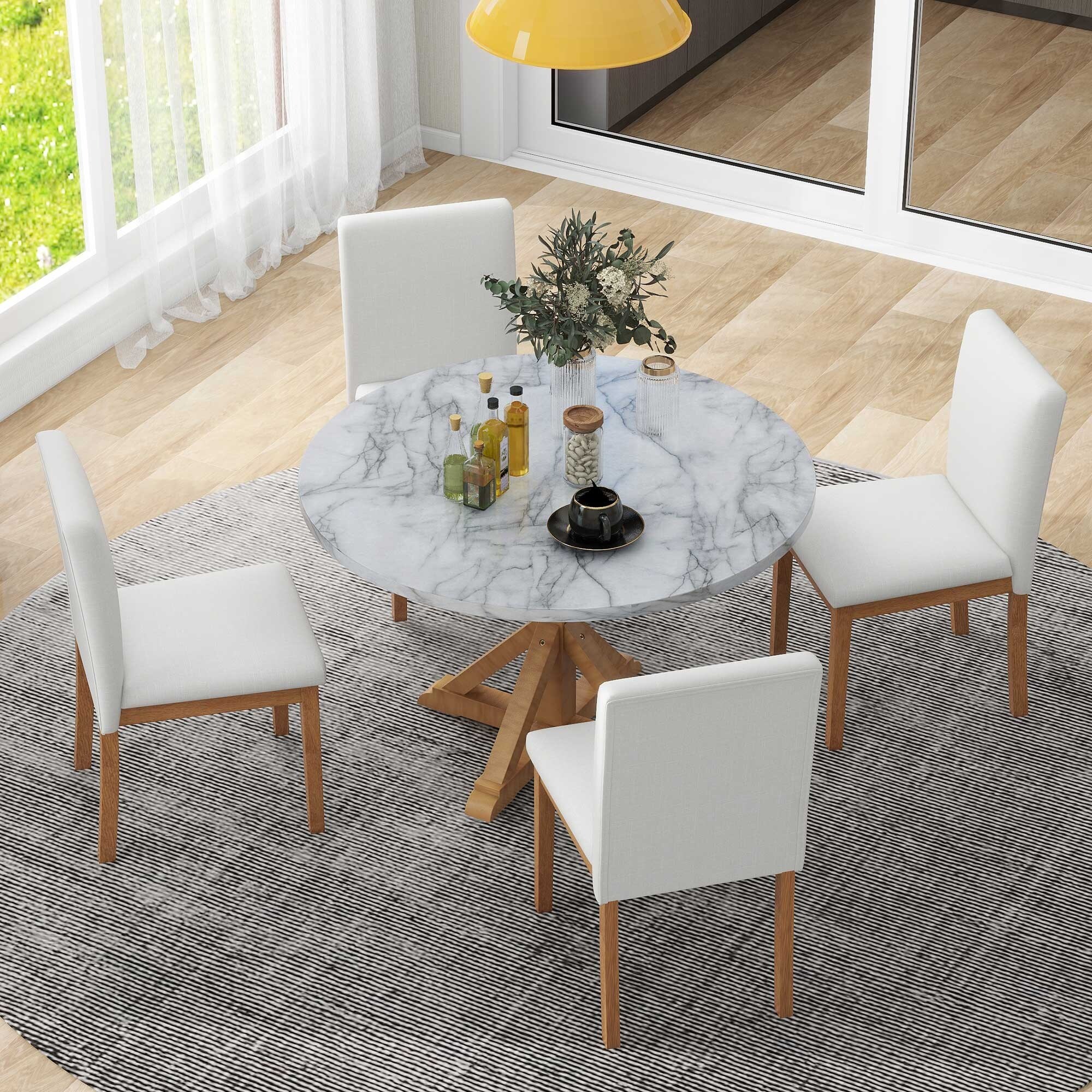 5 Piece Farmhouse Dining Set Round Marble Table 4 Upholstered Chairs White Walnut